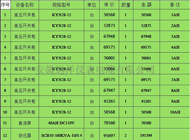 高壓開關柜價格表